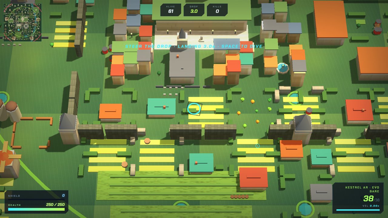 VOLTFALL free browser battle royale — steering the drop over the HOLLOWMERE map with 100 players