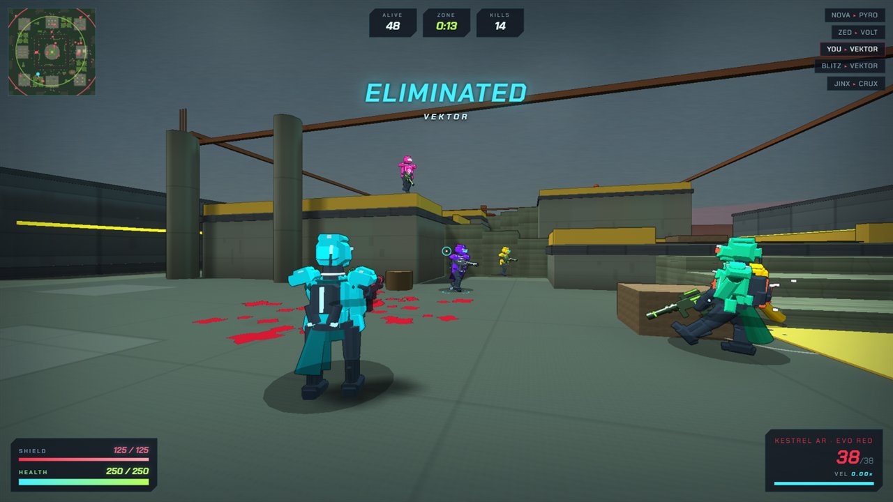 Elimination in a no-download browser battle royale — kill feed and arena combat